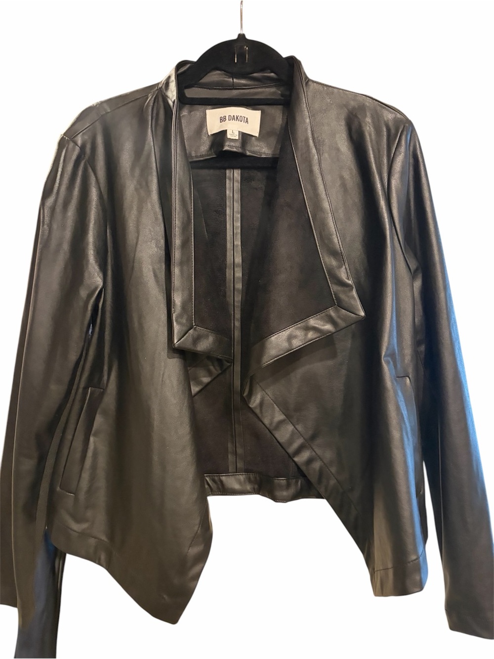 BB Dakota Black Faux Leather Draped Open-Front Jacket